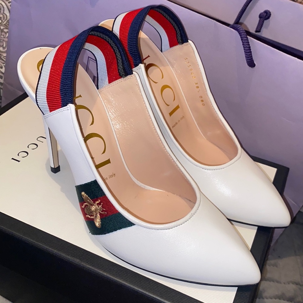 GUCCI - White Gucci Calfskin Web Sylvie High Heel